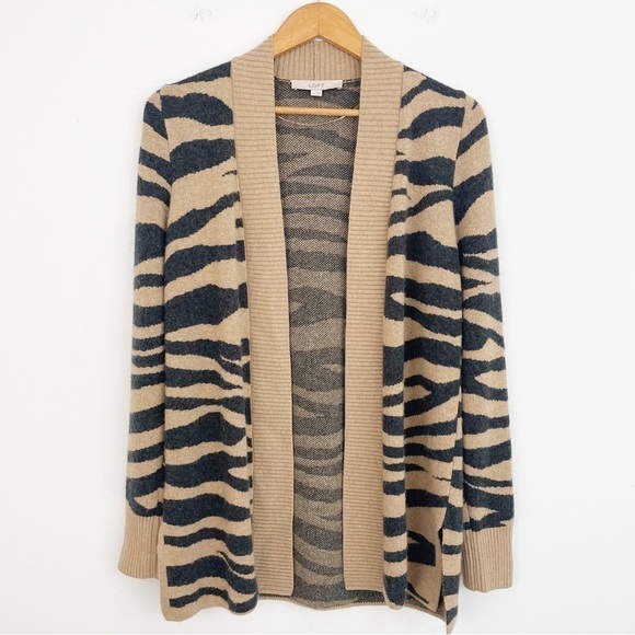 Loft Tan Wool Blend Animal Print Long Sleeves Open Front Cardigan Size XS - Picture 1 of 12